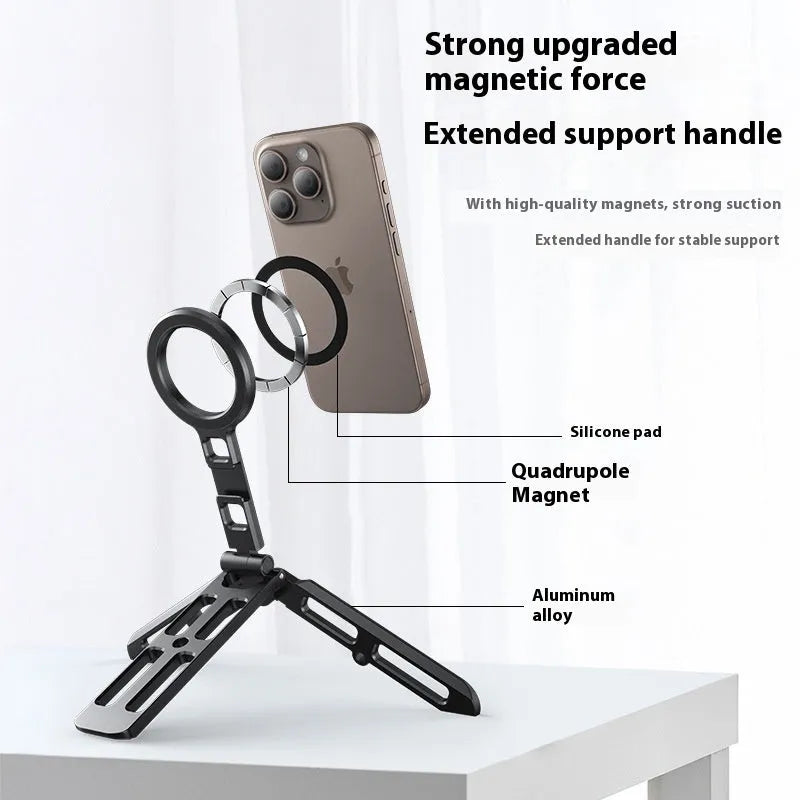 Black magnetic tripod bracket folded for travel, made of aluminum alloy, compatible with MagSafe and universal metal surfaces.