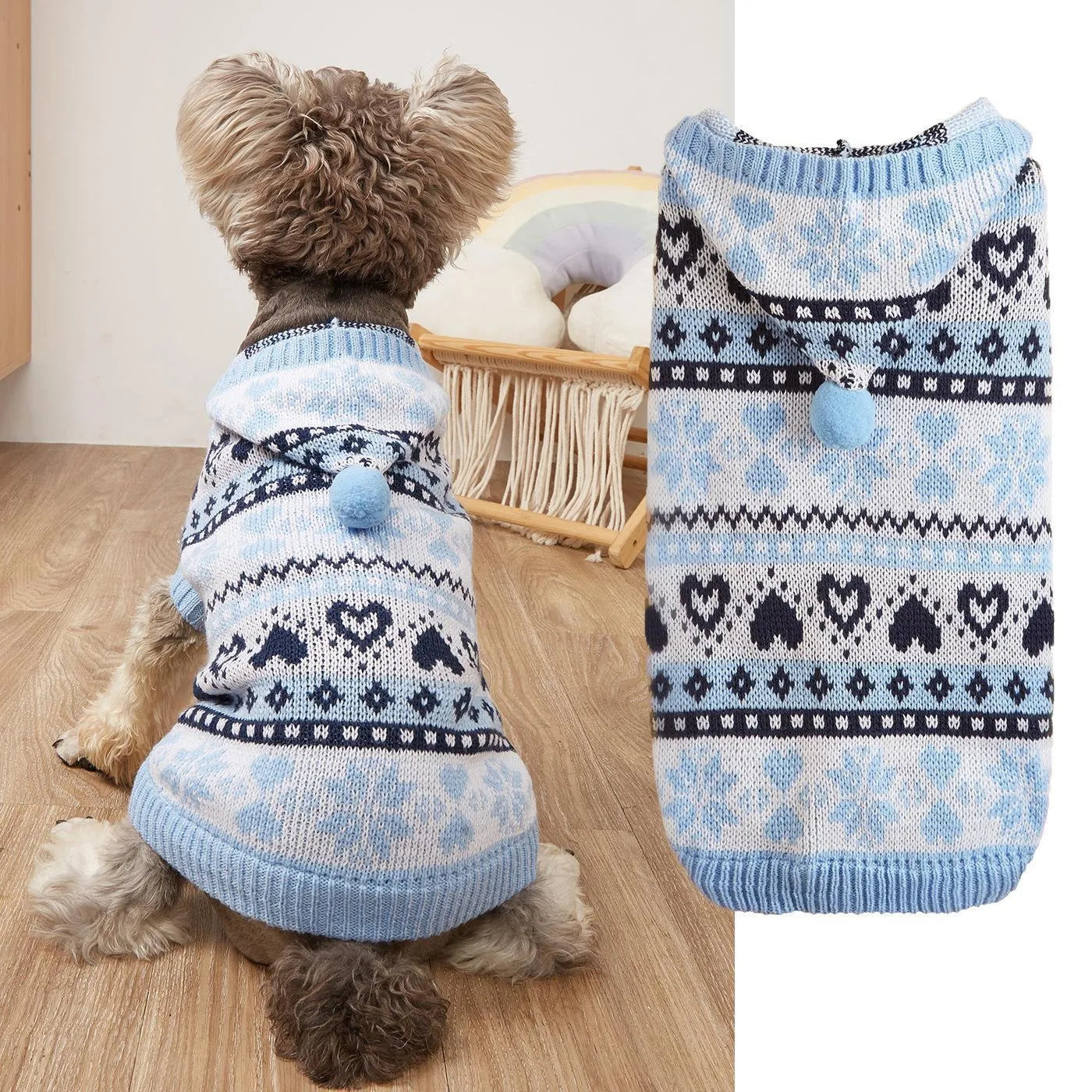 Pink striped camouflage dog sweater with snowflake and heart pattern on a small white dog.