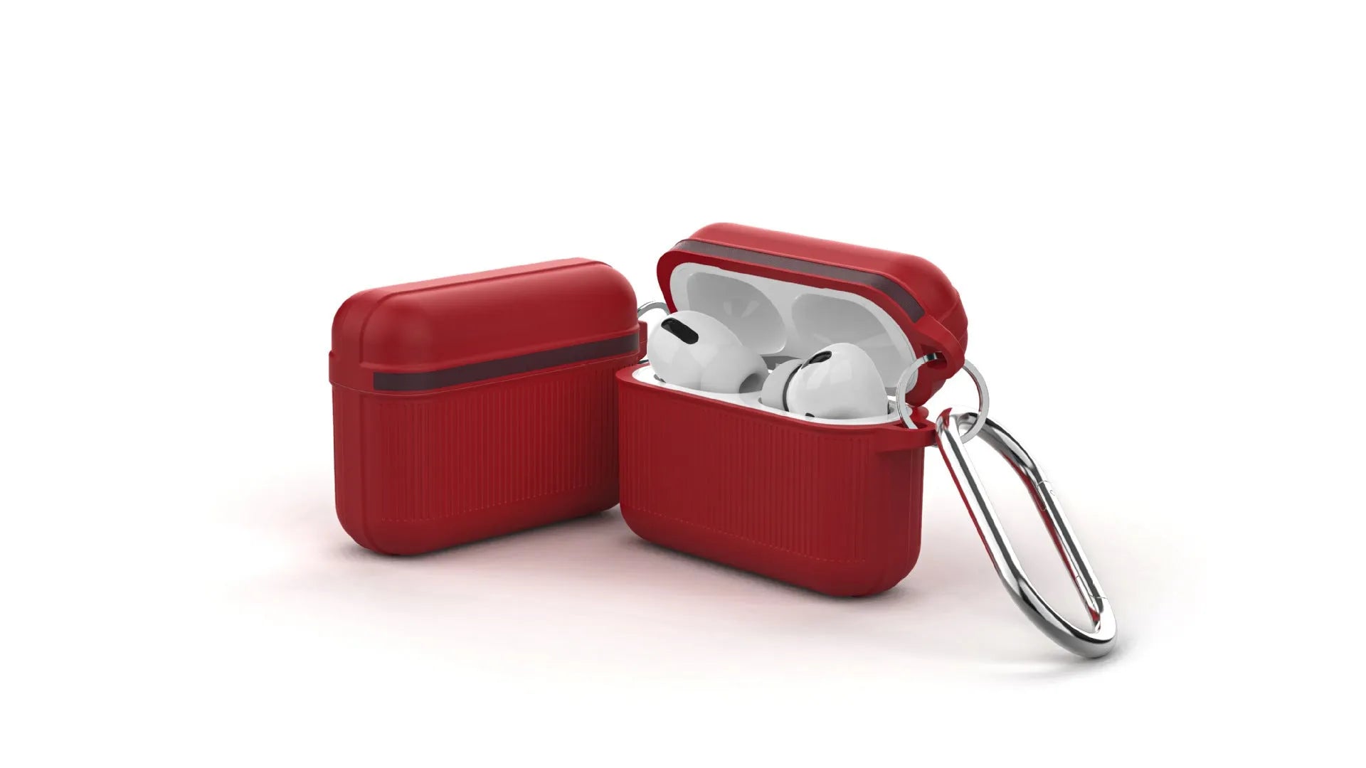 Silicone clamshell case for Apple AirPods with metal buckle, shown in a solid colour option.