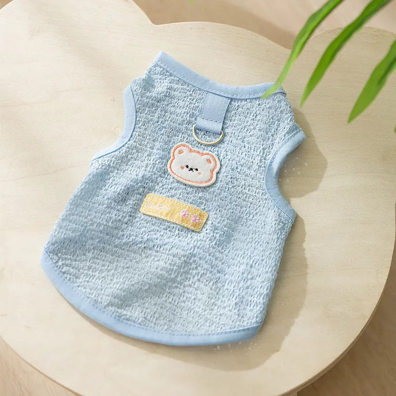 Knitted fabric cat clothes with bear patch in blue, green or yellow colours