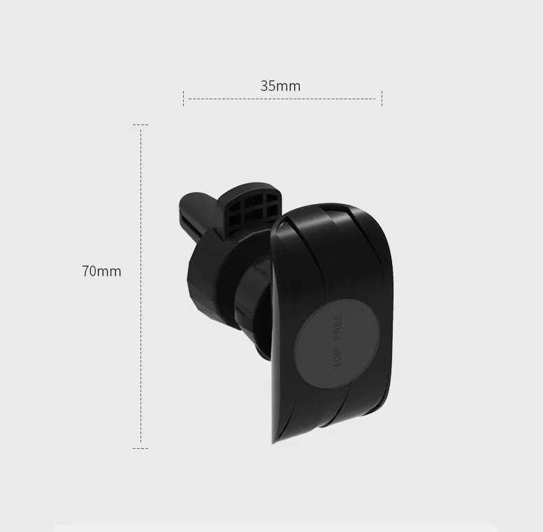 Black car phone holder clipped onto vehicle air vent with phone securely mounted