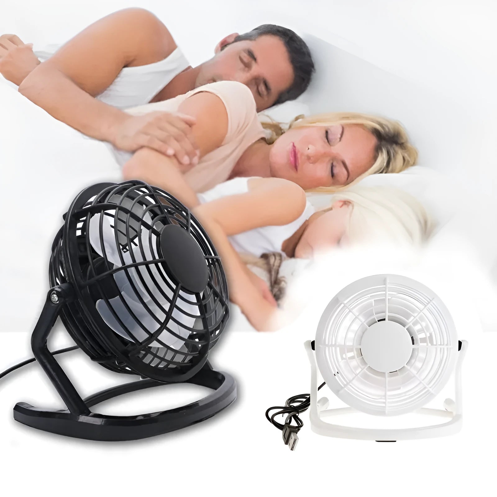 Mini USB desktop fan showing adjustable tilt mechanism and black/white/blue colour options