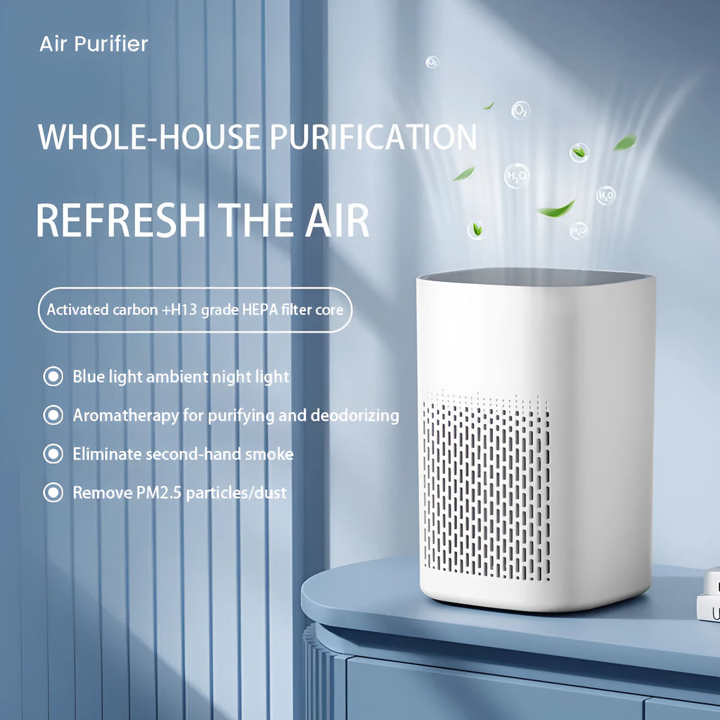 Simple style desktop air purifier with USB cable on a wooden desk.