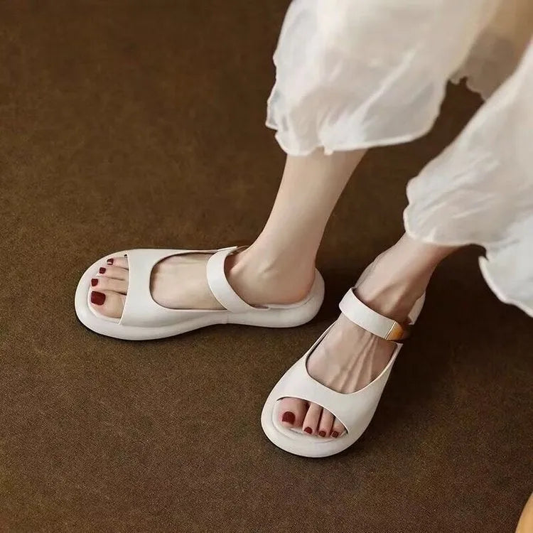 Apricot and white French style peep toe platform sandals with leather uppers and rubber soles