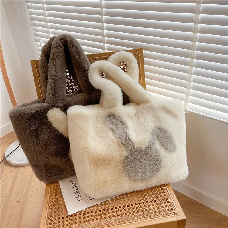 Women's plush tote bag with cartoon rabbit ears design in solid colour