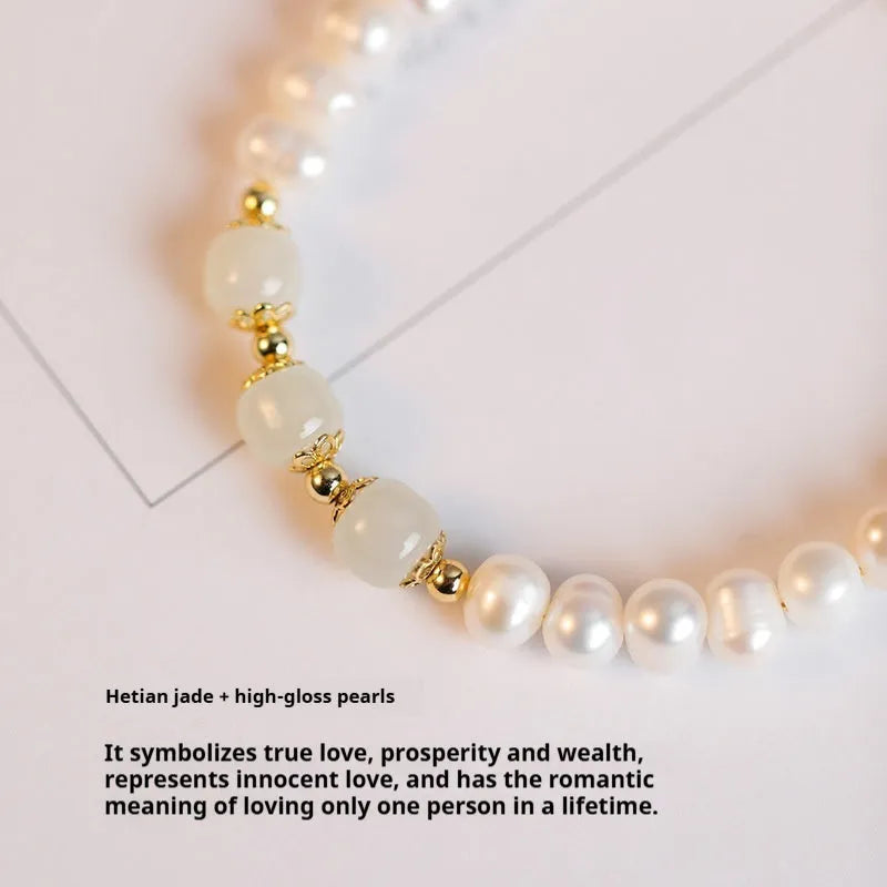 Diamond-shaped freshwater pearl bracelet with electroplated Hetian jade colour in deep or light tone options