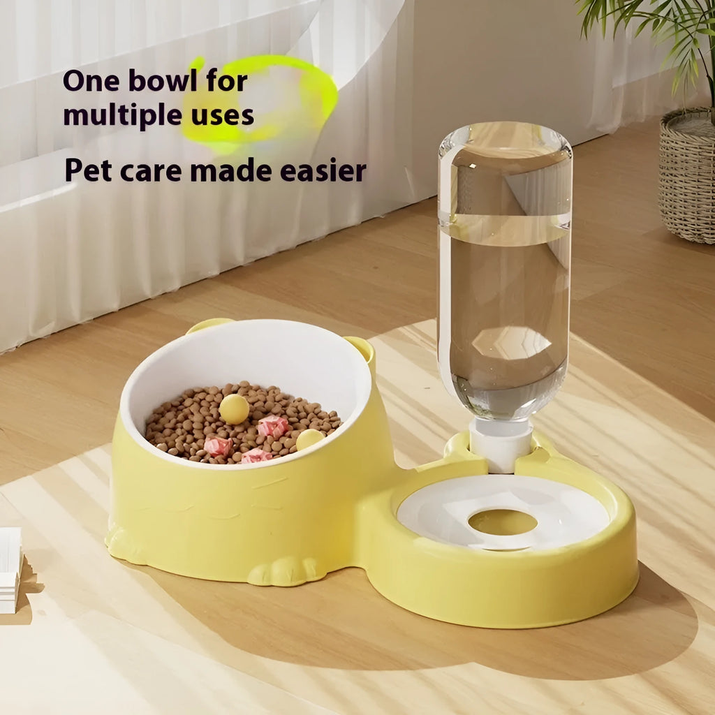 Automatic pet water fountain with two raised stainless steel and ceramic bowls on a plastic base in haze blue