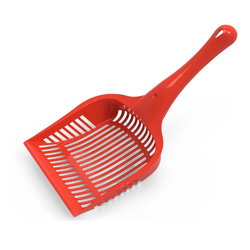 Blue, red, or yellow plastic cat litter scoop shown in small and medium size options.