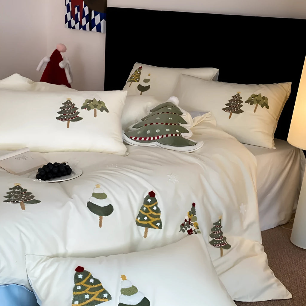 Pure cotton bedding set with embroidered Christmas trees on duvet cover, sheet, and pillowcases in cream blue or green.