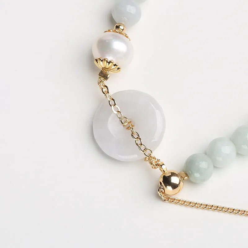 Women's jade pearl bracelet with natural emerald peace buckle charm in geometric national style