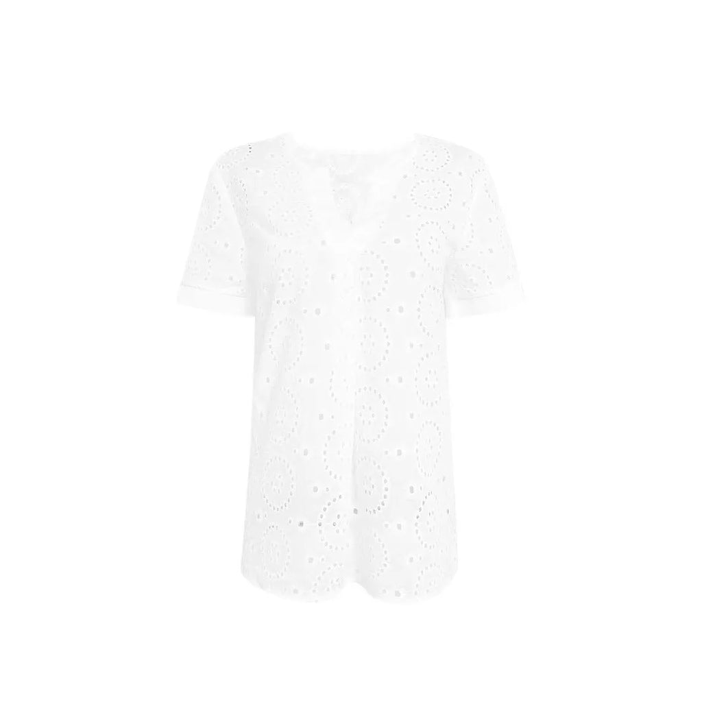 White V-neck T-shirt with hollow out design detail, loose fit, short sleeves
