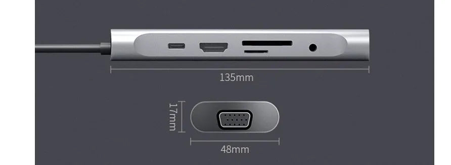 Grey aluminium USB-C docking station with HDMI, VGA, USB port, and a 140mm cable.