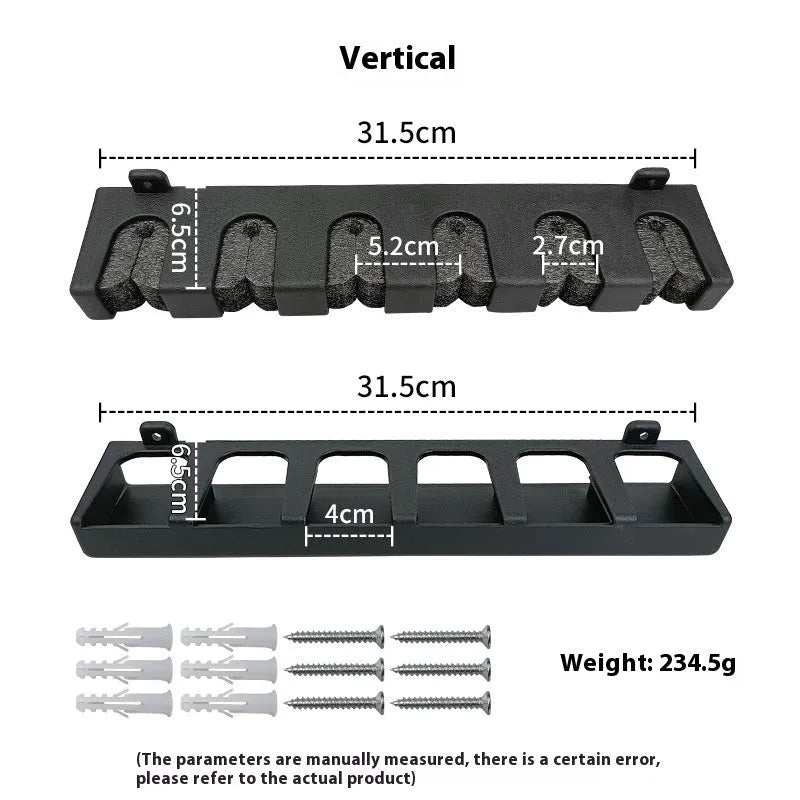 Black ABS plastic wall-mounted fishing rod storage rack shown in vertical and horizontal styles
