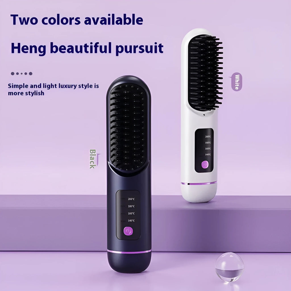 White, blue, and grey portable charging negative ion straight hair comb on a plain background.