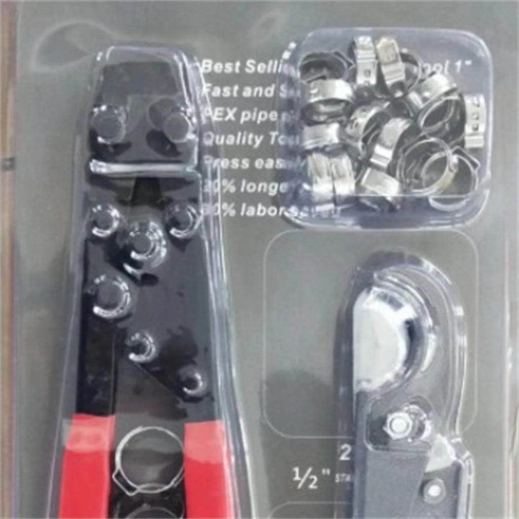 Red cloth style single ear metal PEX clamp with carbon steel cutting edge.