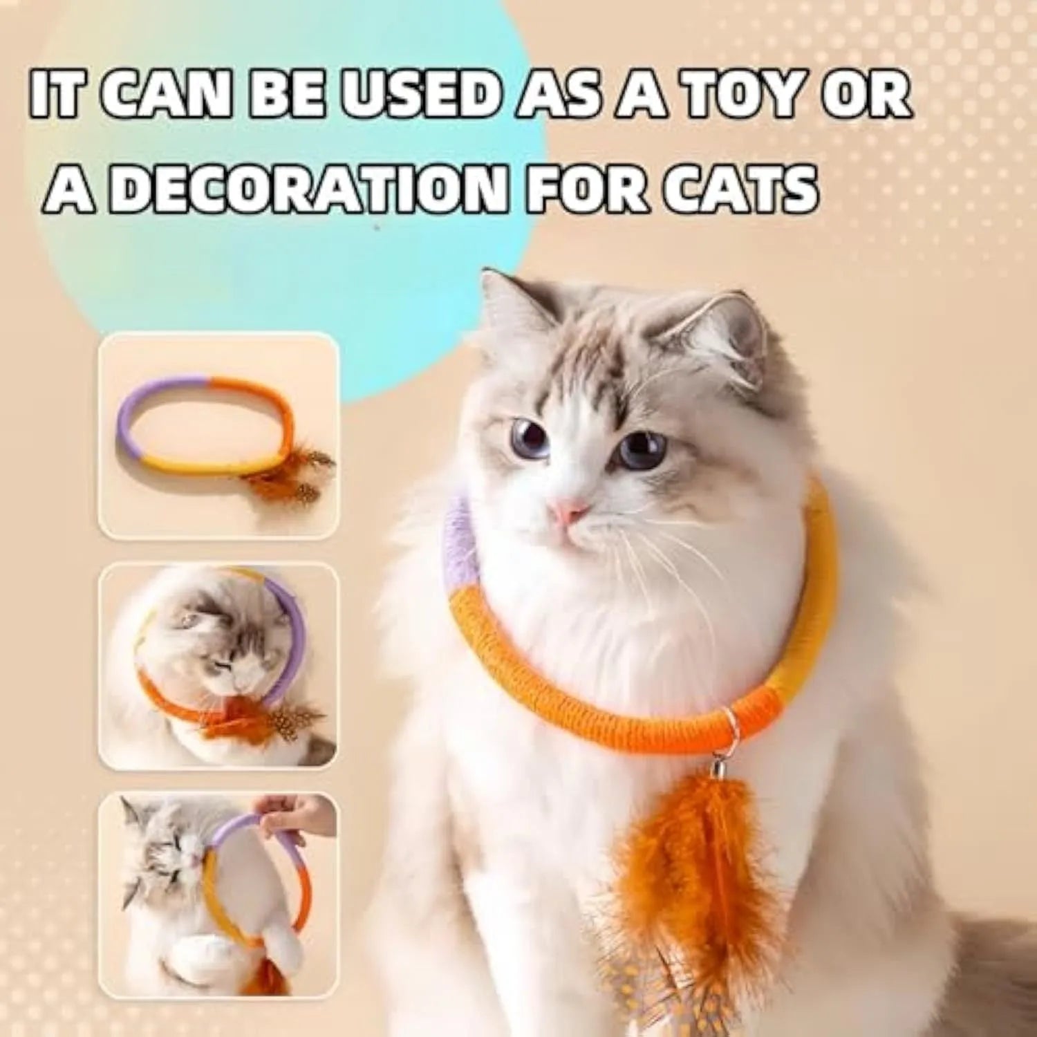 Circular green cotton rope cat toy with feathers and catnip for chewing and interactive play