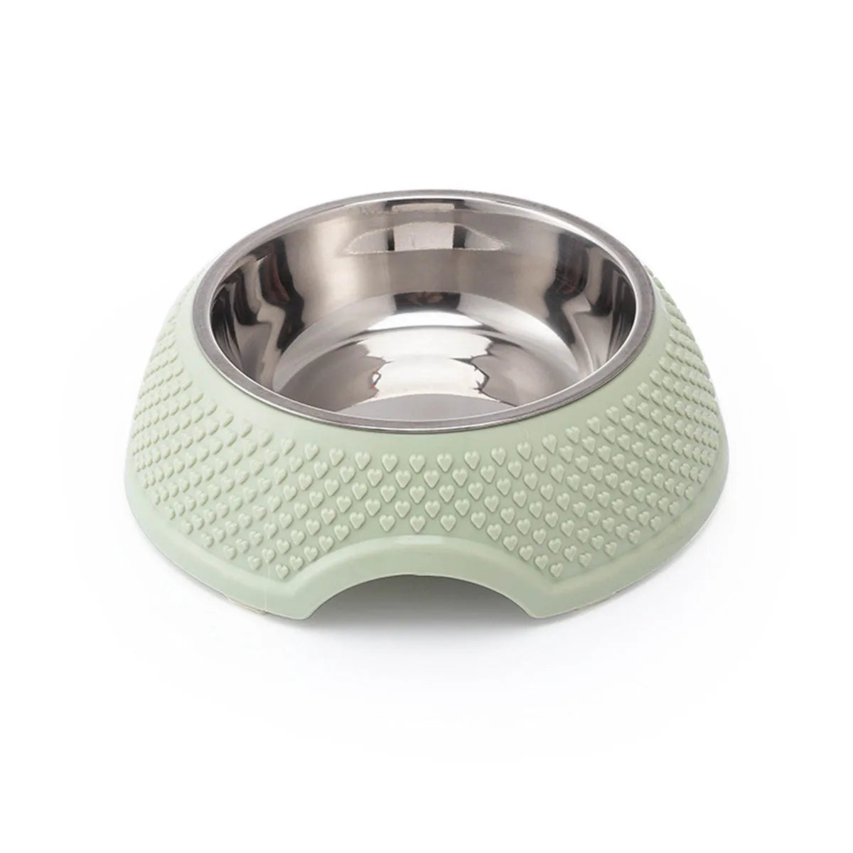 Set of four coloured stainless steel pet bowls with a non-slip base for cats and dogs.