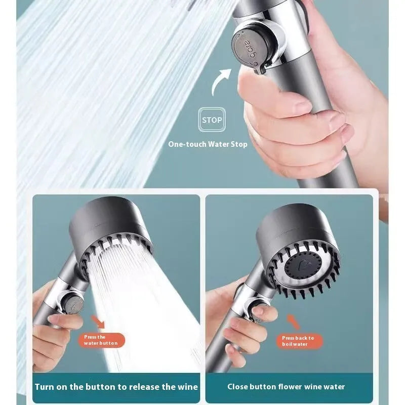 Portable shower head with modern design showing adjustable gear settings for spray, massage, and rain shower functions
