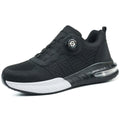 Pair of lightweight black anti-smashing safety work shoes with flying woven upper and rubber sole