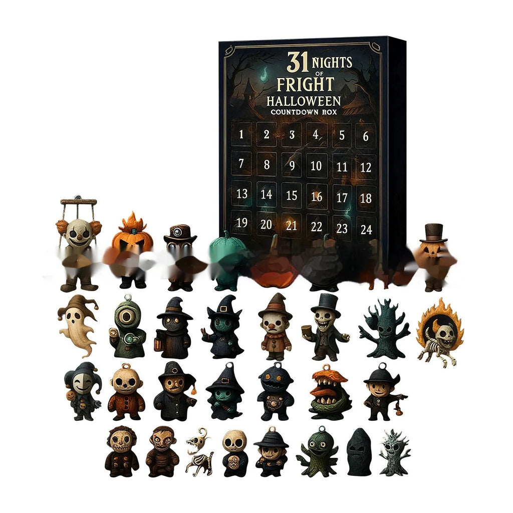 Halloween countdown advent calendar box with 31 blind box compartments containing resin horror dolls