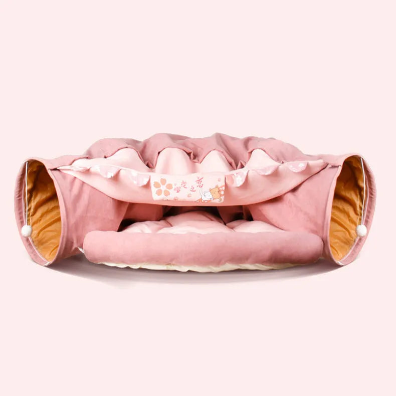 Collapsible cloth cat tunnel shown in one of four colour options: bar, coffee, matcha, or pink.