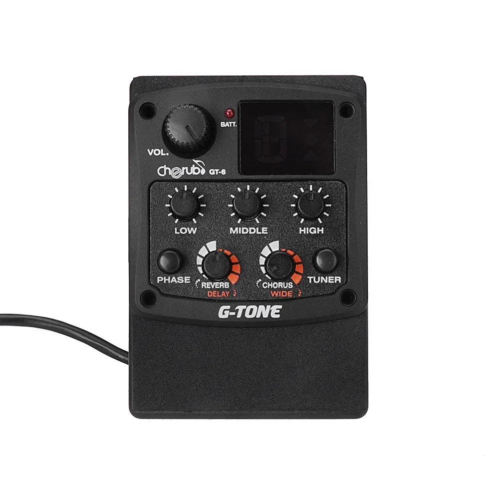 Black Cherub GT-6 acoustic guitar soundhole pickup with EQ knobs and effects controls.