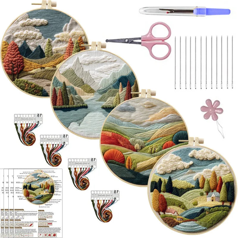 Embroidery DIY kit with landscape-printed cotton fabric, thread, needles, and a 15cm bamboo-style frame.