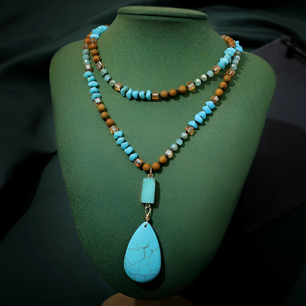 Blue turquoise water drop pendant necklace with mixed gem inlay on a long ball bead chain