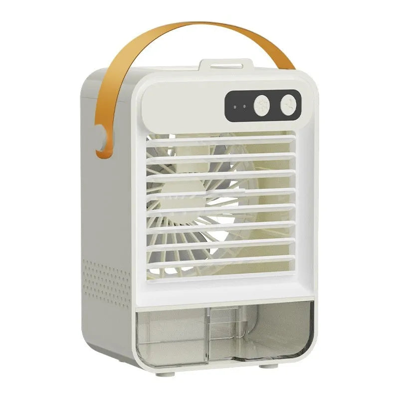 Dark green and ivory white compact USB desktop air humidifier on a wooden desk.