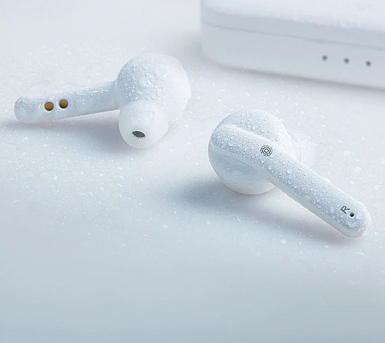 Black true wireless Bluetooth earbuds with in-ear design and IPX5 waterproof rating.