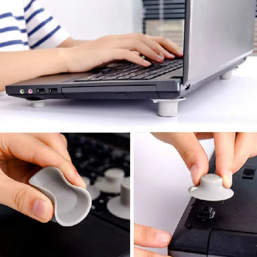 Set of four grey non-slip plastic cooling pads for laptops, shown in two different sizes.