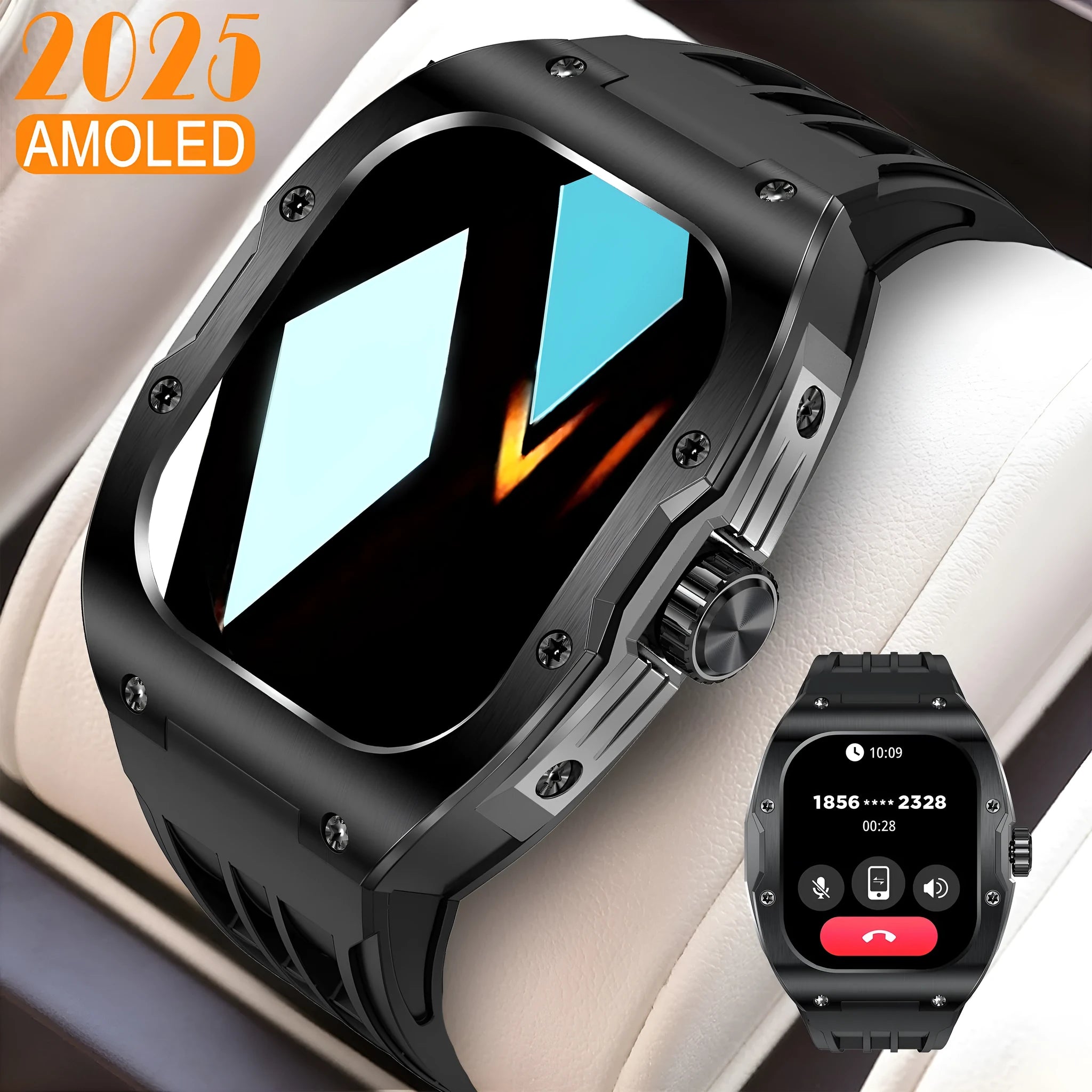 Men's black smart watch with AMOLED touch screen displaying fitness metrics on a blue silicone strap