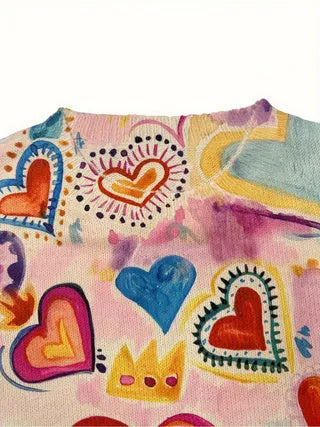 Women's loose-fit digital printed top with lapel collar in various sizes showing vibrant print design