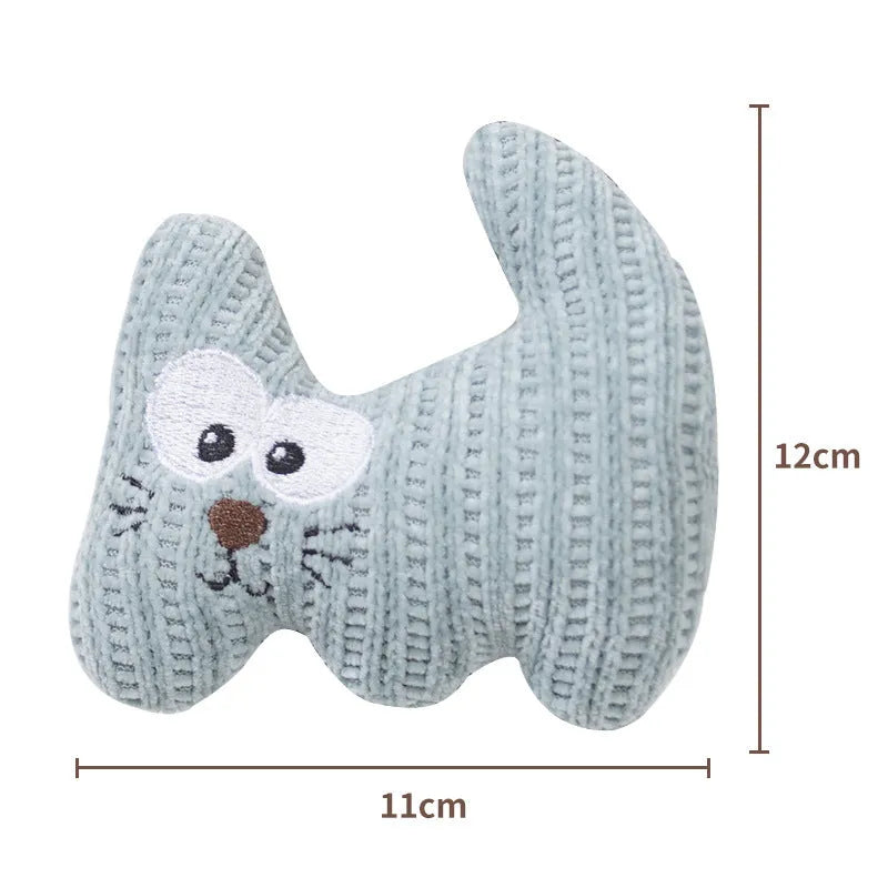 Cyan knitted plush cat toy with bell and catnip, measuring 12 by 11 centimetres.