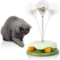Blue and green interactive cat treat dispenser toy with track ball slow feeder design