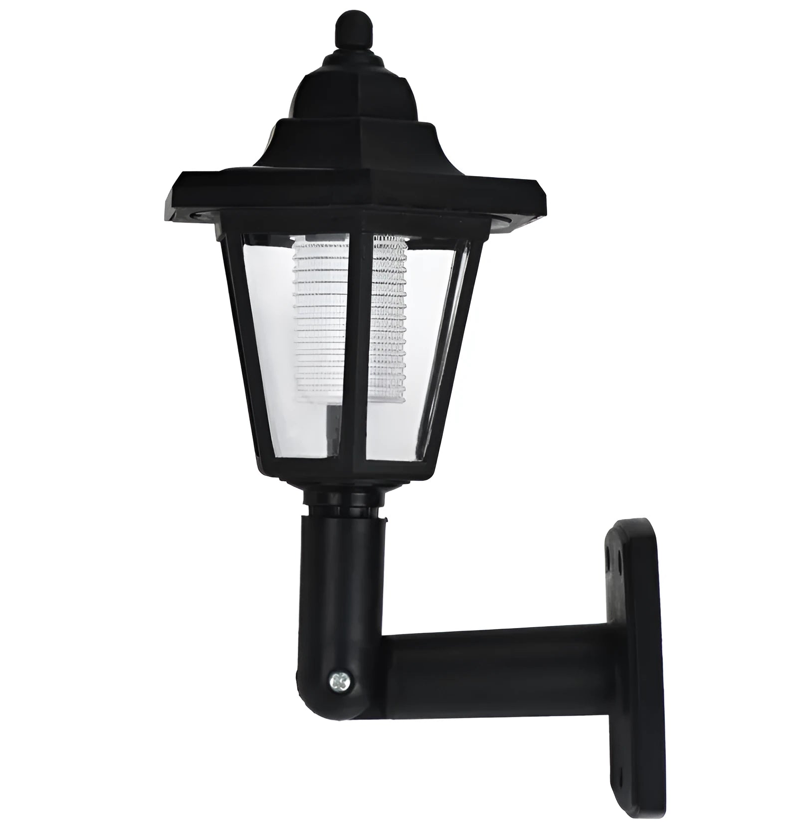 Black hexagonal solar-powered wall light with automatic sensor for outdoor garden or patio lighting