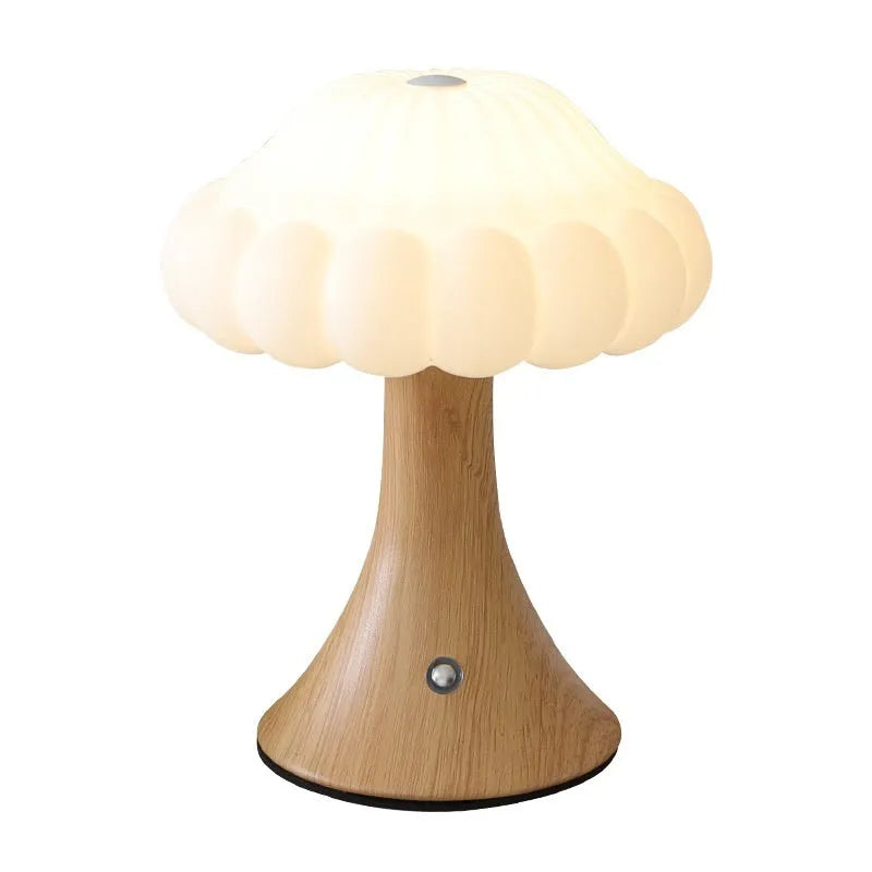 Mushroom-shaped decorative touch control night lamp with rechargeable battery in wood grain colour