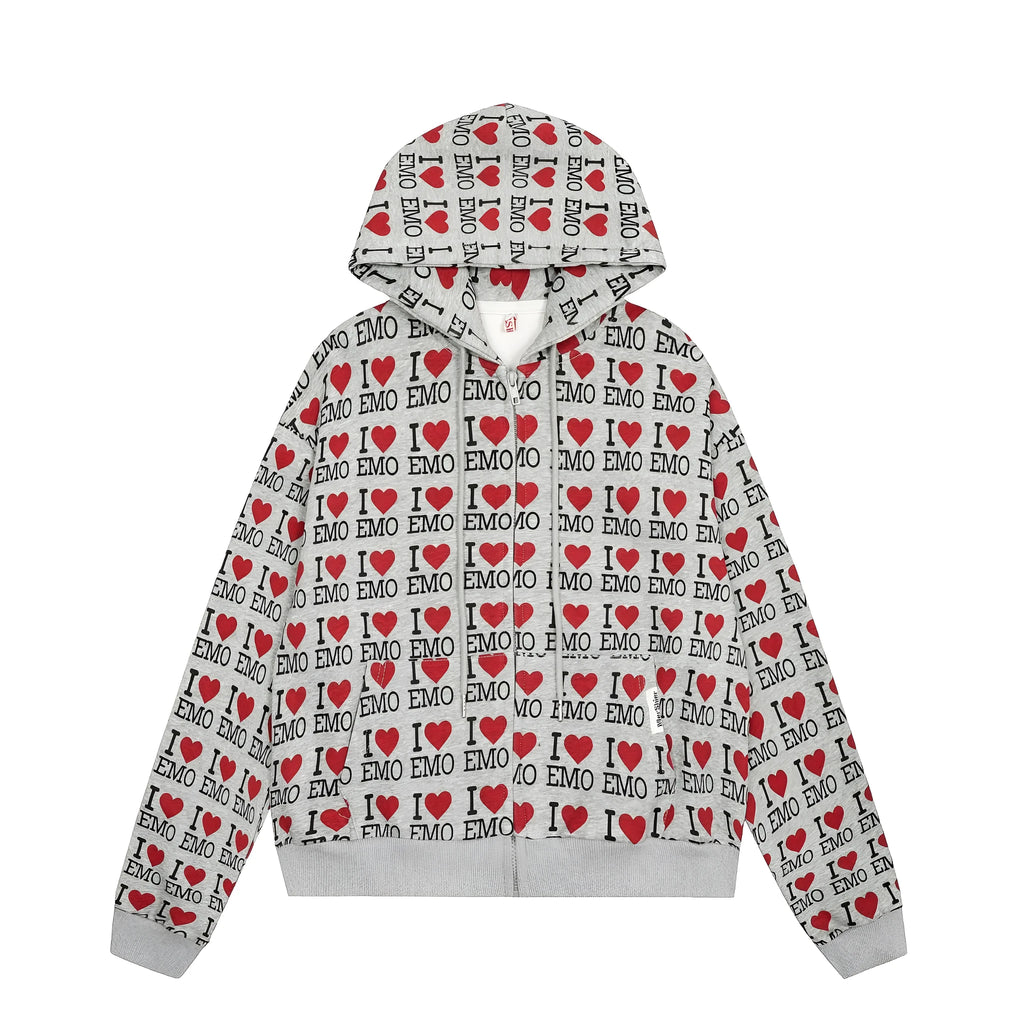 Women's melange grey hooded cardigan with retro pattern and long sleeves