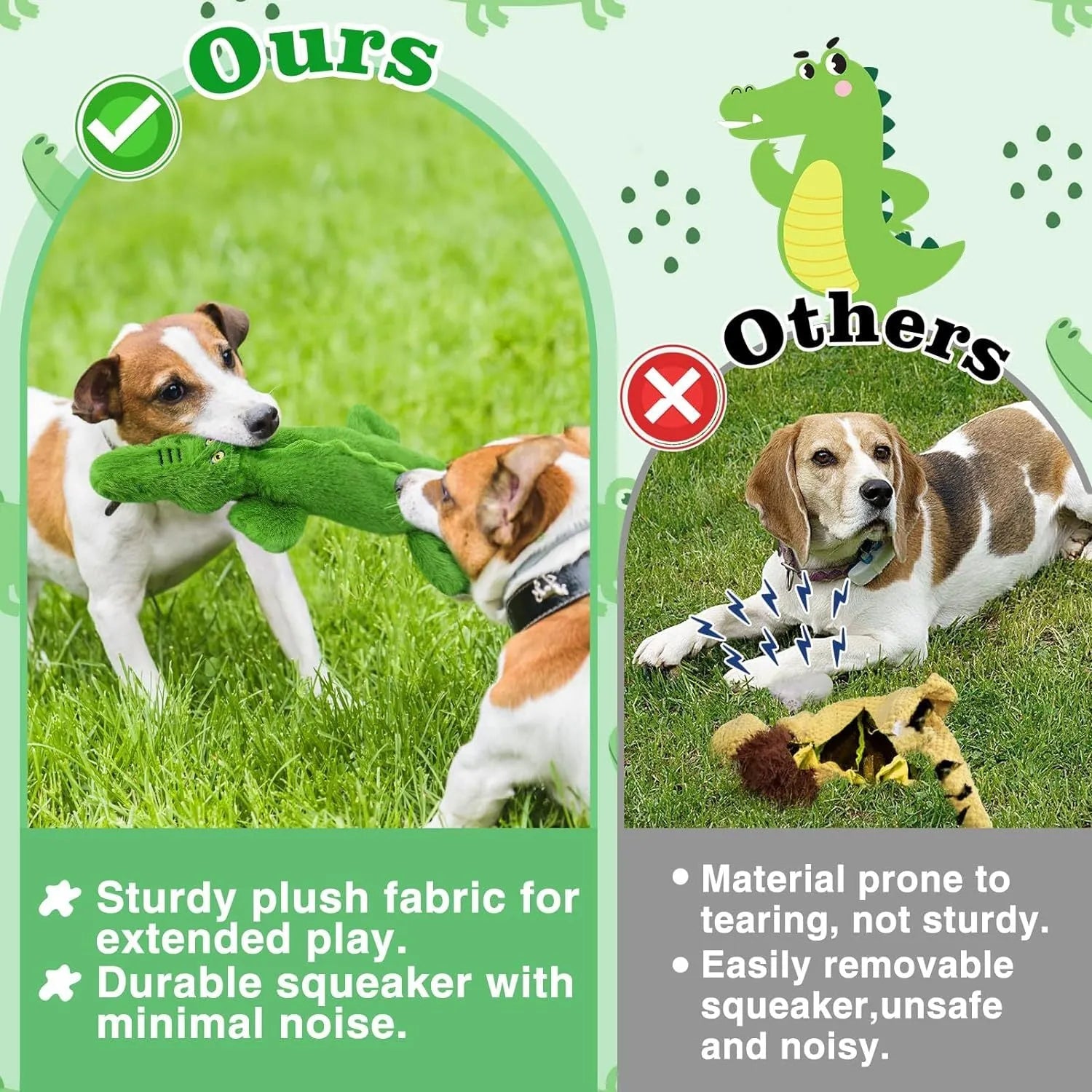 Green crocodile-shaped plush dog toy with no stuffing, squeaker in head, and crinkle paper in tail