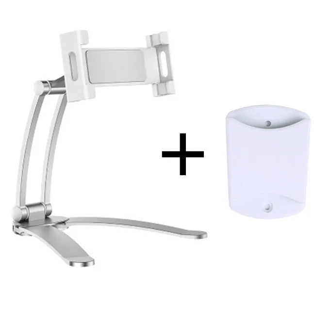 Silver aluminum alloy desktop tablet stand holding a tablet at adjustable angle with white mounting base