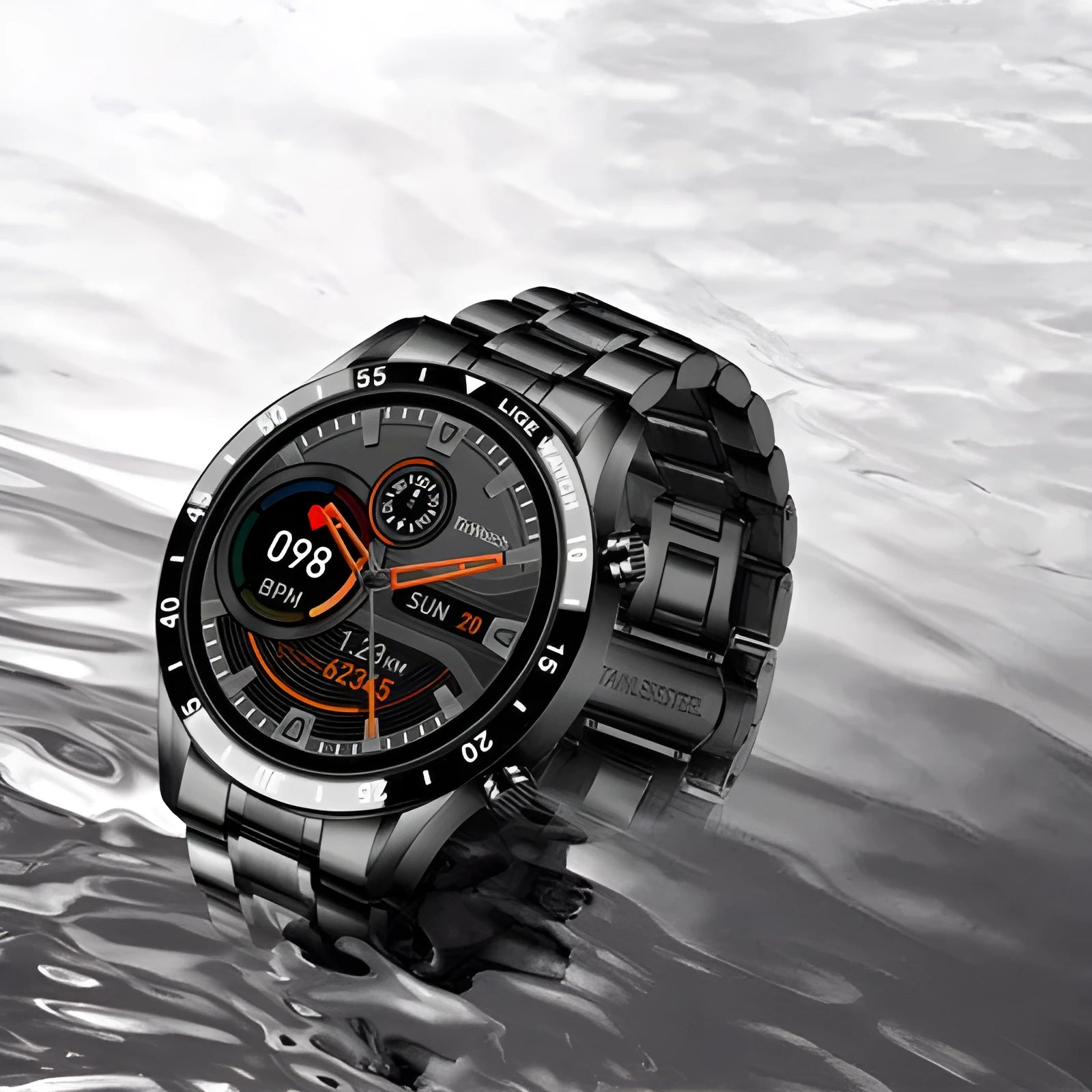 Smart watch with stainless steel band showing 1.3 inch touch screen display