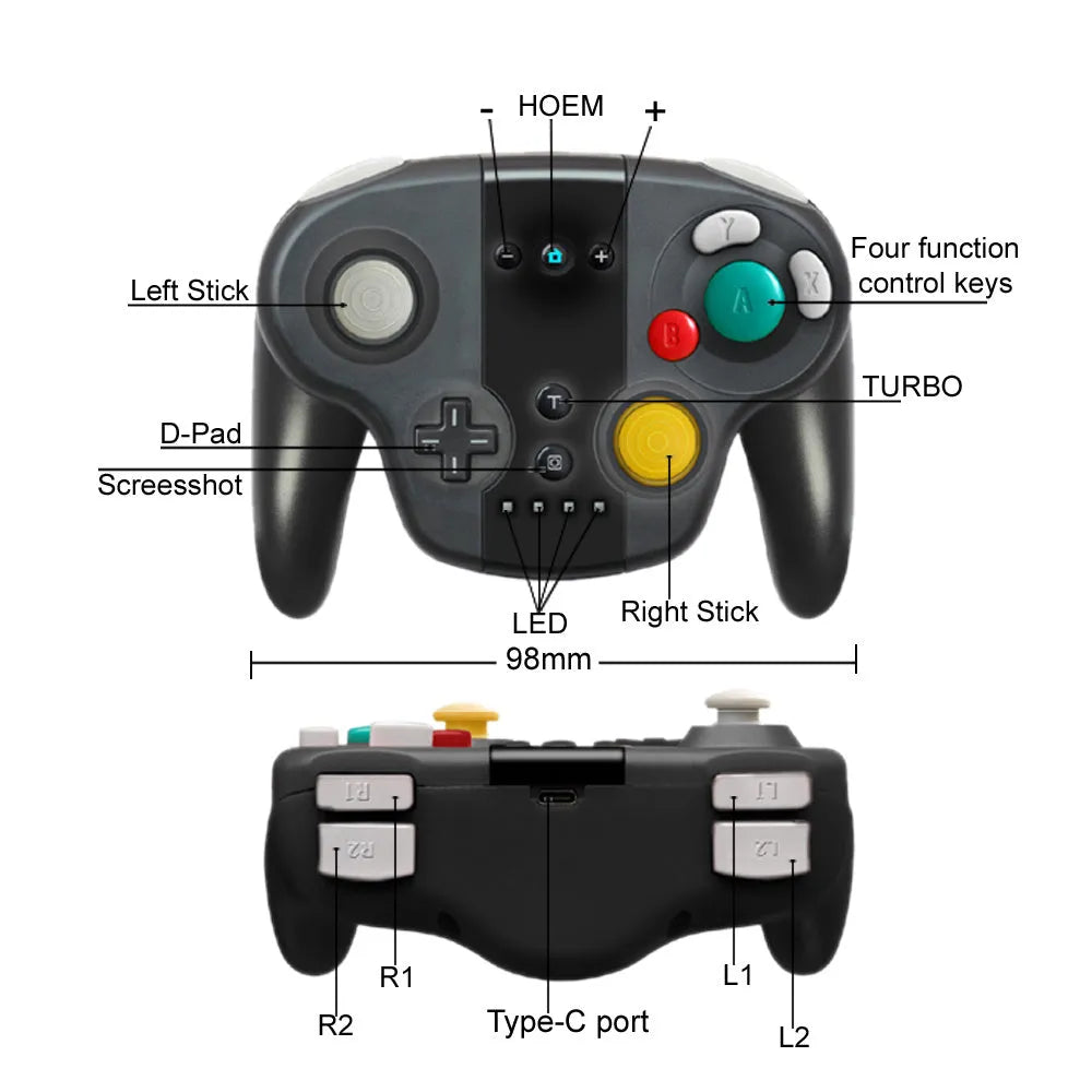 Black wireless game controller with colourful packaging for Nintendo Switch and Windows PC