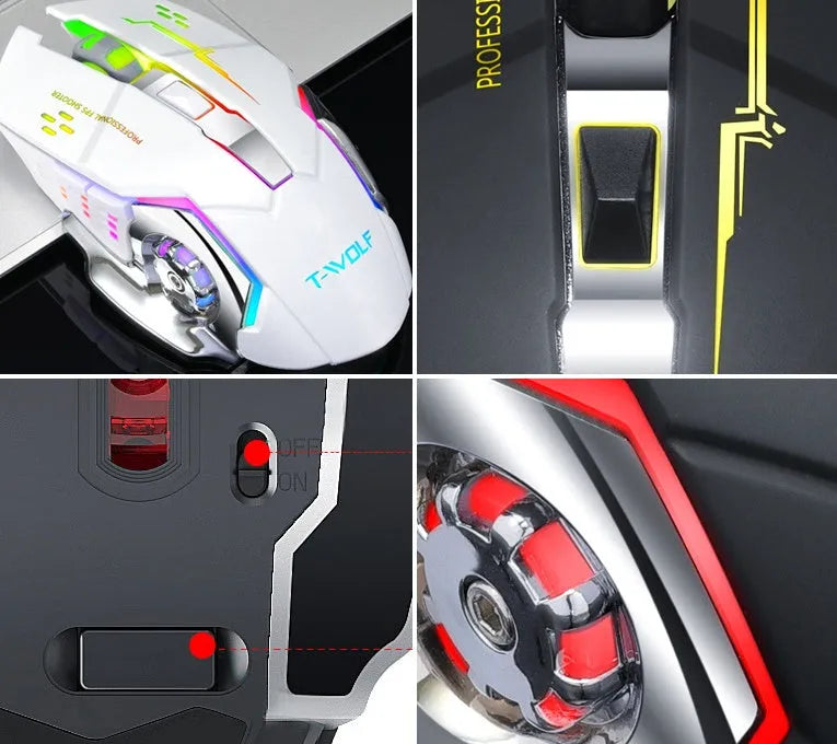 Wireless silent computer mouse in black colour with optical sensor and six buttons