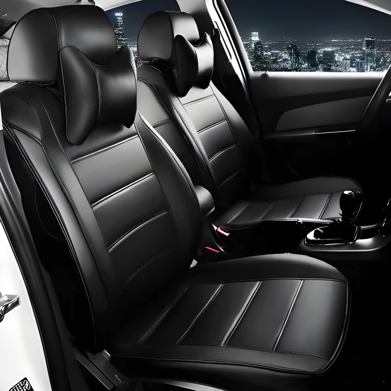 Cow leather car seat cover in beige and black with red line styles, showing binding detail