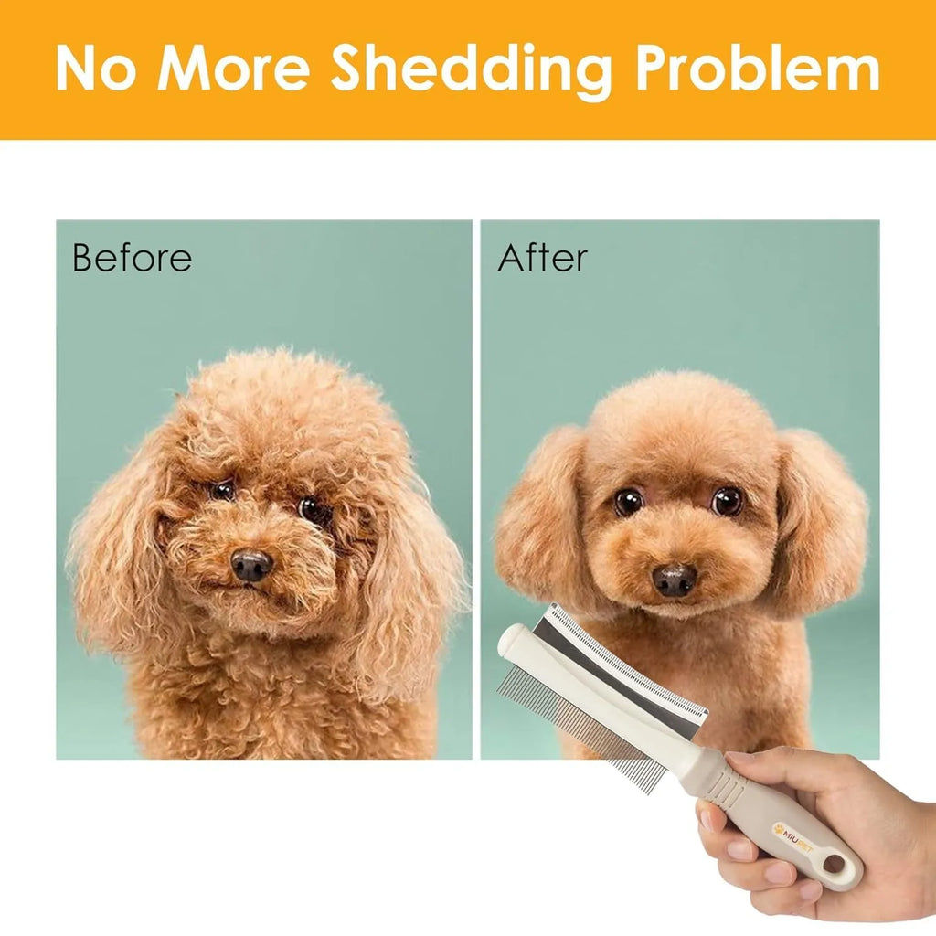 White double-sided pet brush with a curved comb on one end and a deshedding brush on the other, with a comfort-grip handle.