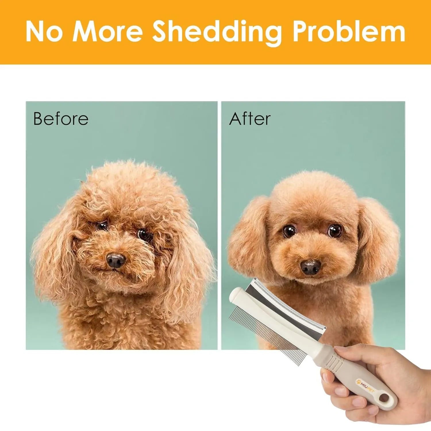 White double-sided pet brush with a curved comb on one end and a deshedding brush on the other, with a comfort-grip handle.