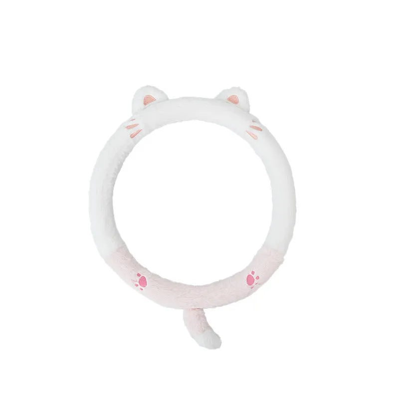 Plush winter car steering wheel cover with embroidered cartoon panda design for 38cm steering wheels.
