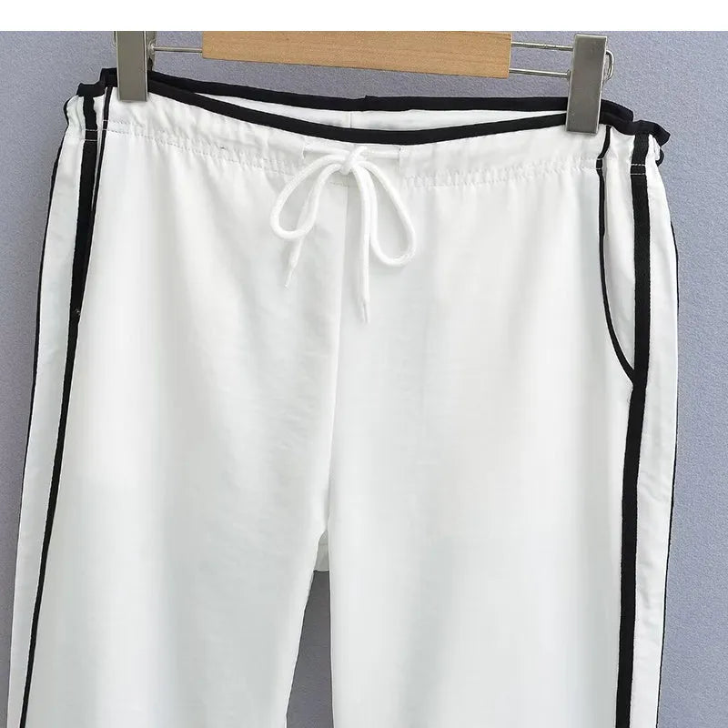 Women's loose straight trousers with contrast ribbon parallel bars detailing in white and navy blue options