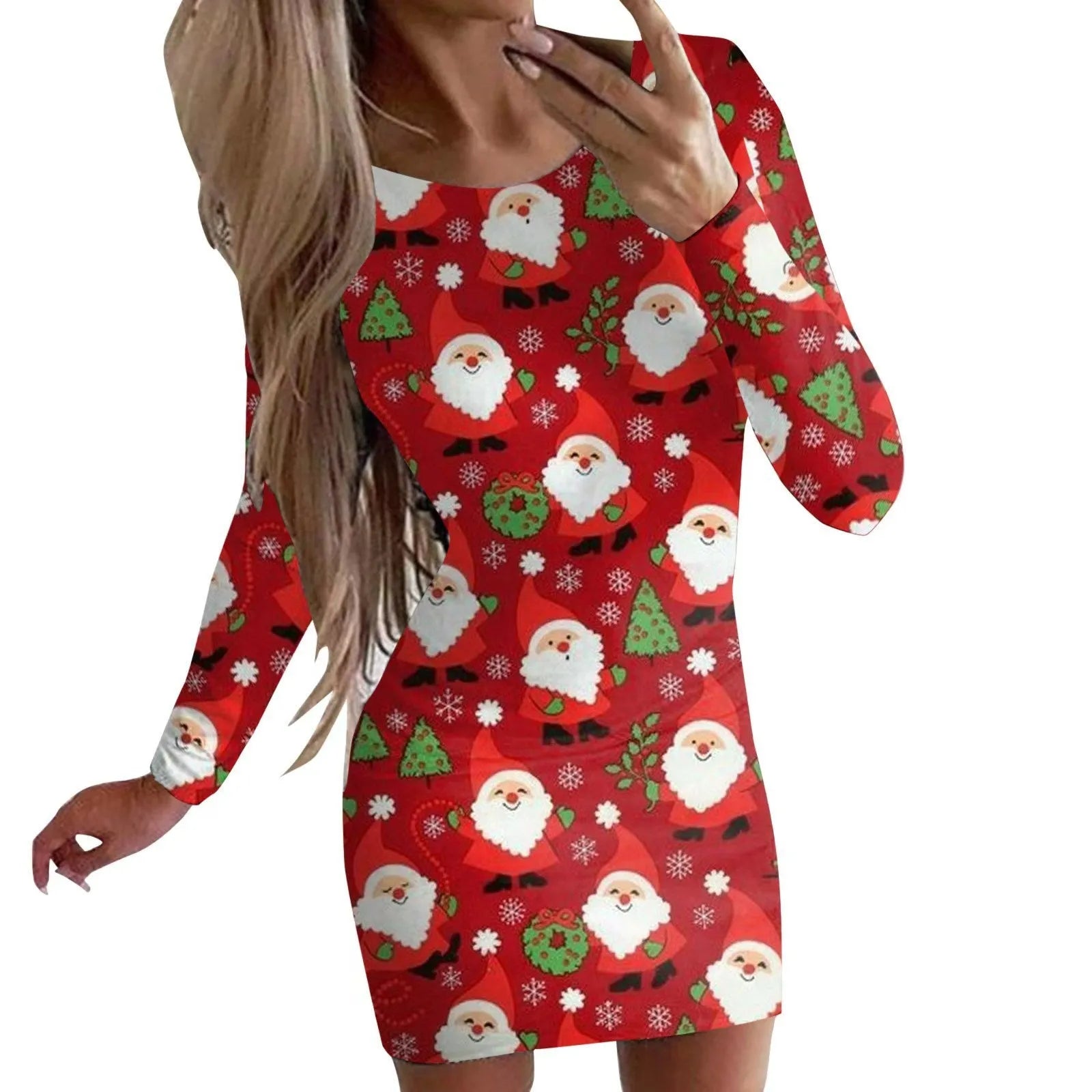 Women's Christmas printed polyester dress with animal pattern in floral colours, featuring round neck and long sleeves