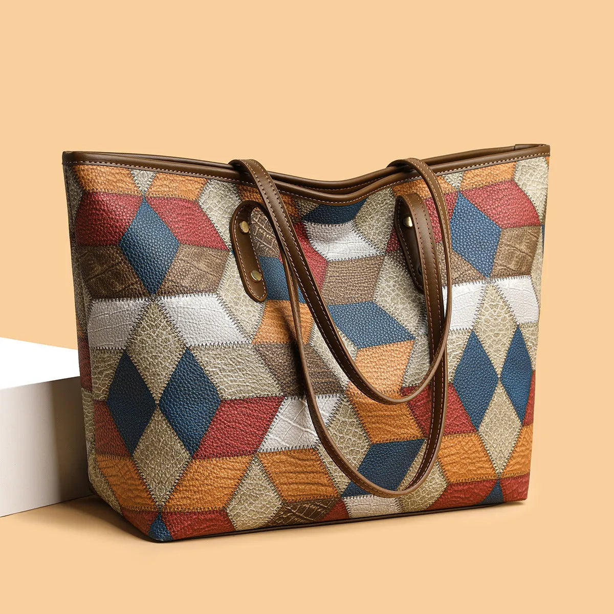 Women's blue brown PVC shoulder bag with sandwich pocket design for business and leisure use